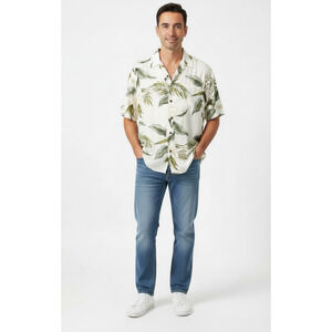 Kalaheo Mens Dad Core Tropical Leaves Beige Green Short Sleeve Hawaiian Shirt XL